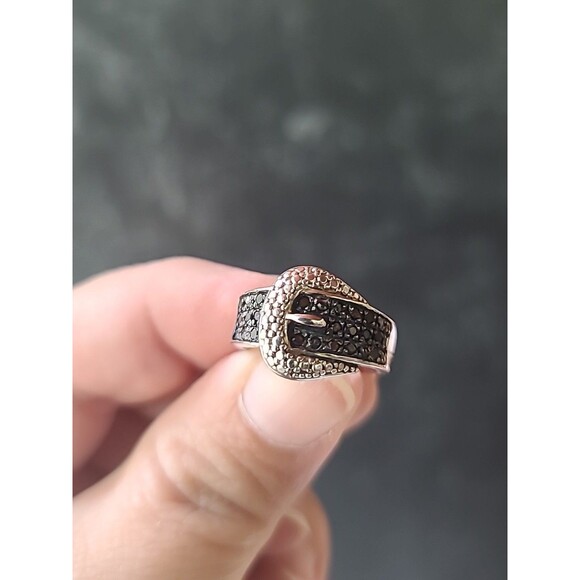 925 Sterling Silver Black Diamond Accent Buckle Ring Vintage, SIZE US 6 - Picture 2 of 10